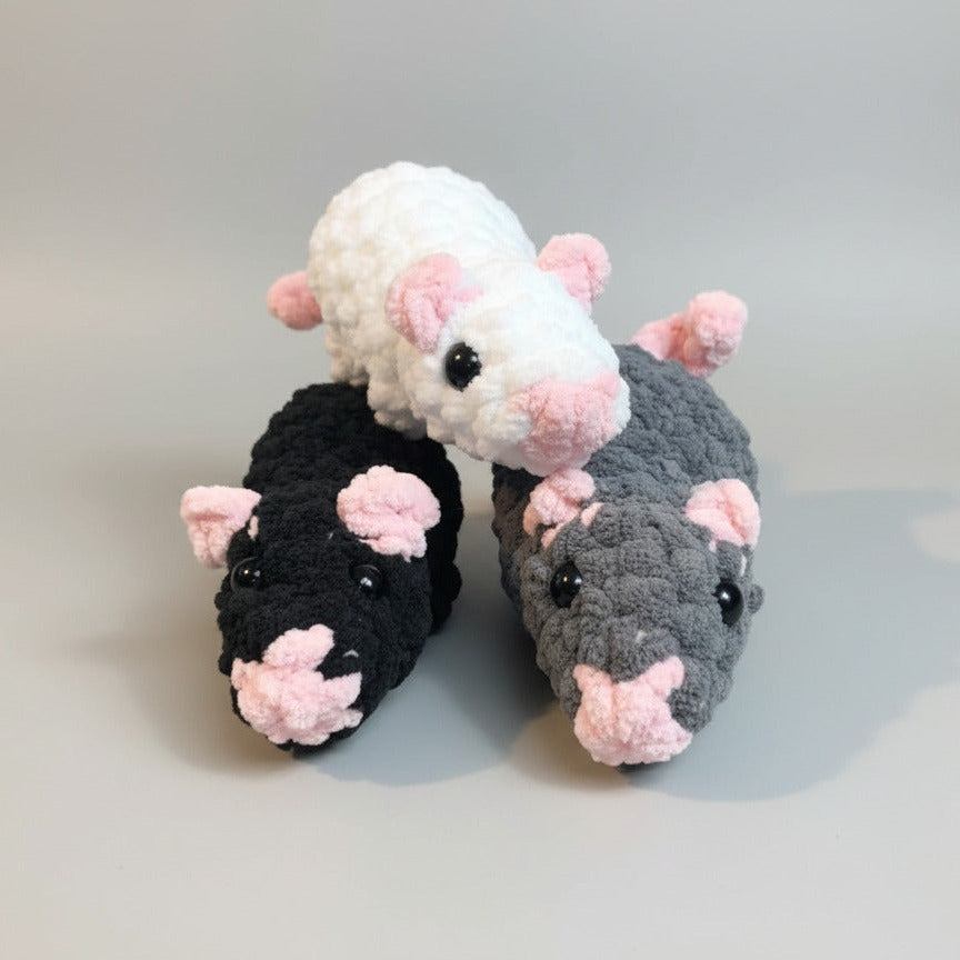 Handmade small crocheted rat plushie made with soft plush blanket yarn and safety eyes, 5 inches long, adorable amigurumi stuffed animal