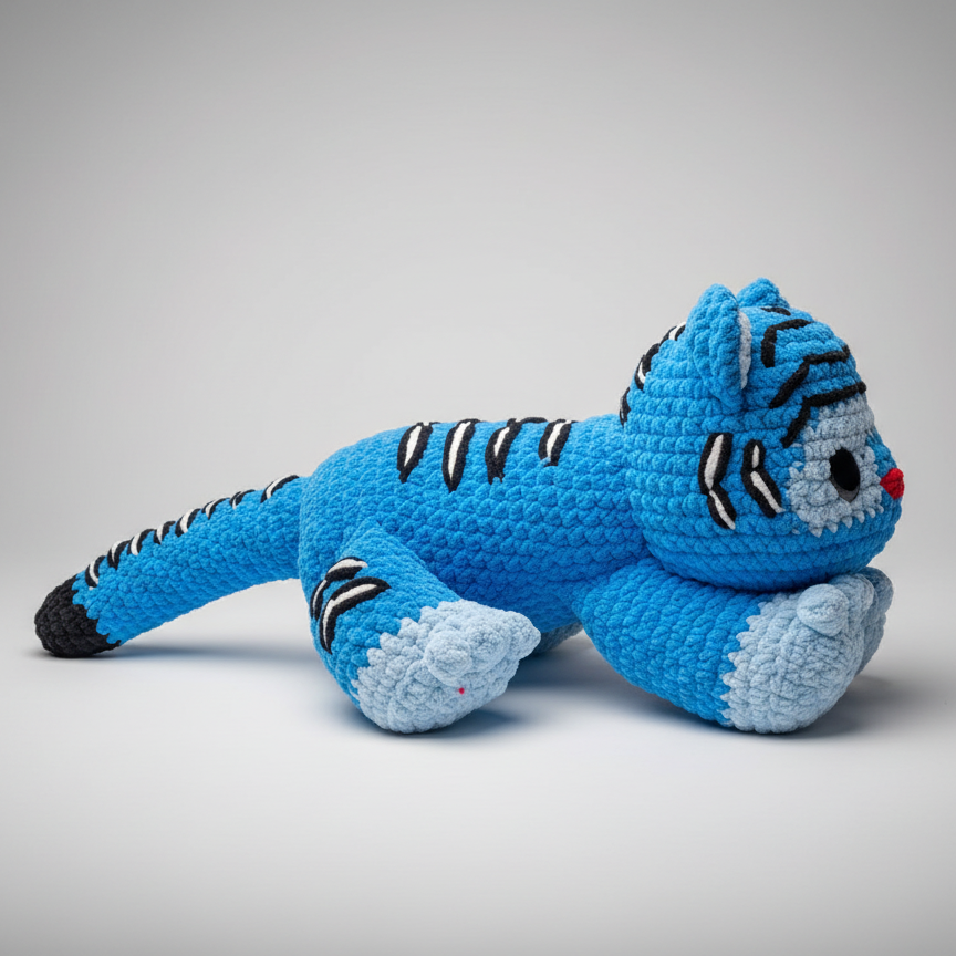 Large handmade derpy tiger plush made with plush blanket yarn and safety eyes, measuring 32 inches from nose to tail, perfect stuffed animal toy.