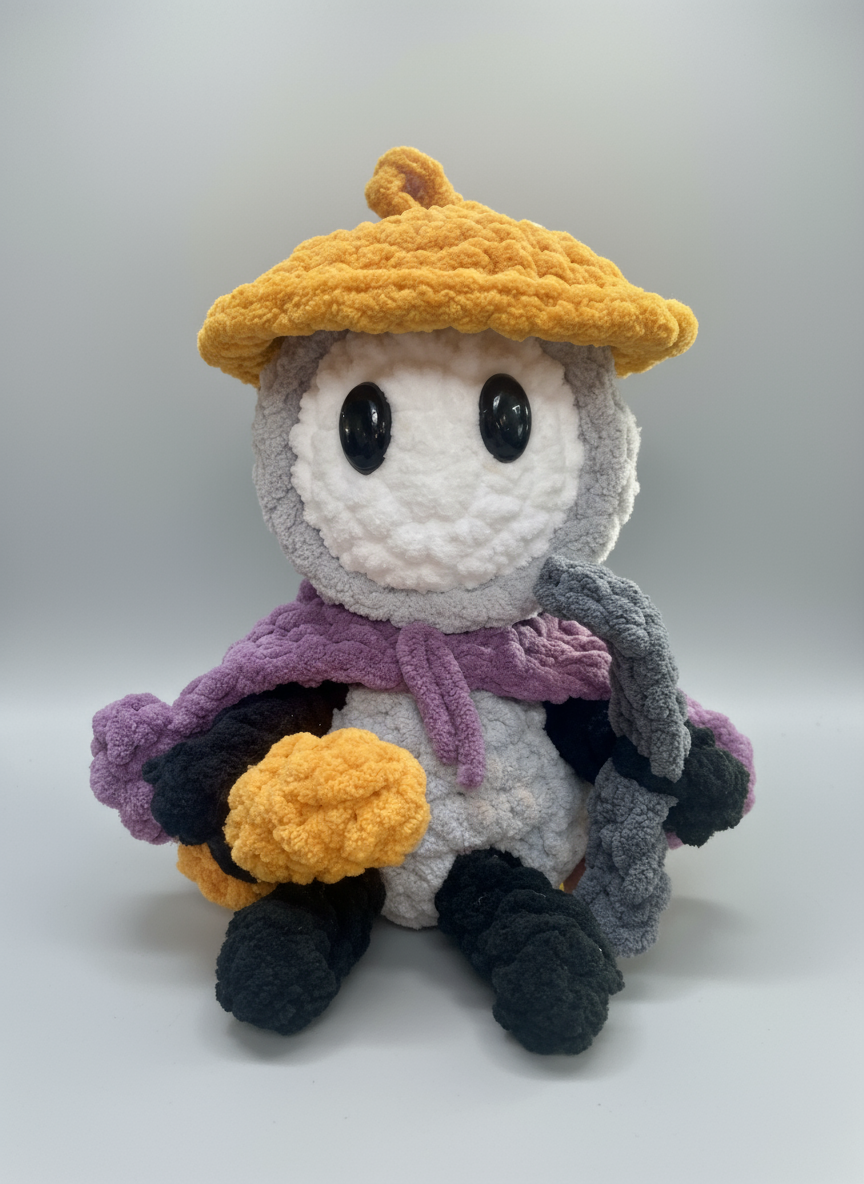 Handmade crocheted Sherma plush inspired by Hollow Knight, soft plush blanket yarn, approximately 7 inches tall, perfect gift for gamers and collectors