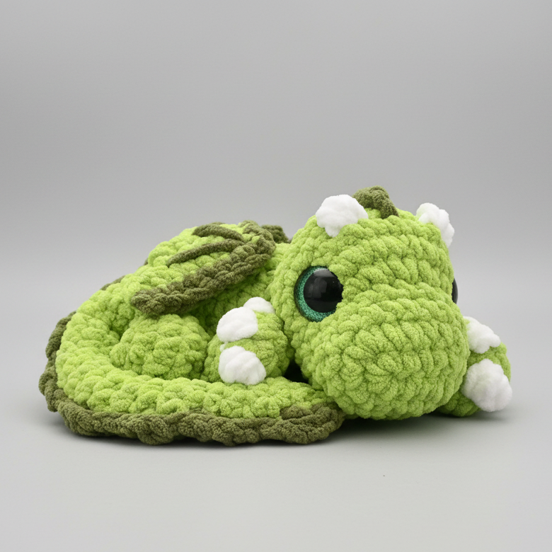 Handmade crocheted sleepy dragon plush made with soft plush blanket yarn and large safety eyes, approximately 14" wide and 4" high, perfect for cuddling or fantasy decor.