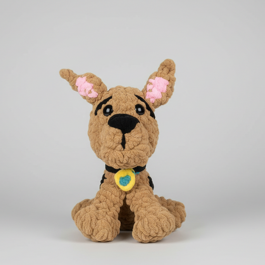 Handmade crocheted Scooby-Doo plush made with plush blanket yarn, featuring safety eyes and standing approximately 11 inches tall.