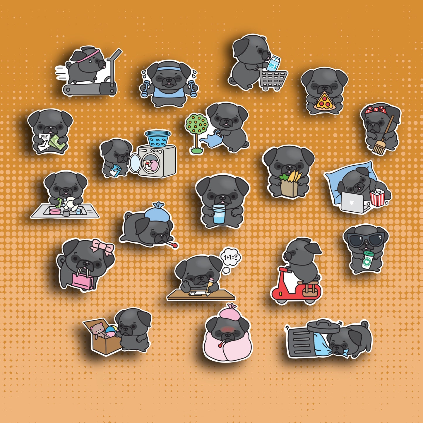 Black Pug Sticker Set